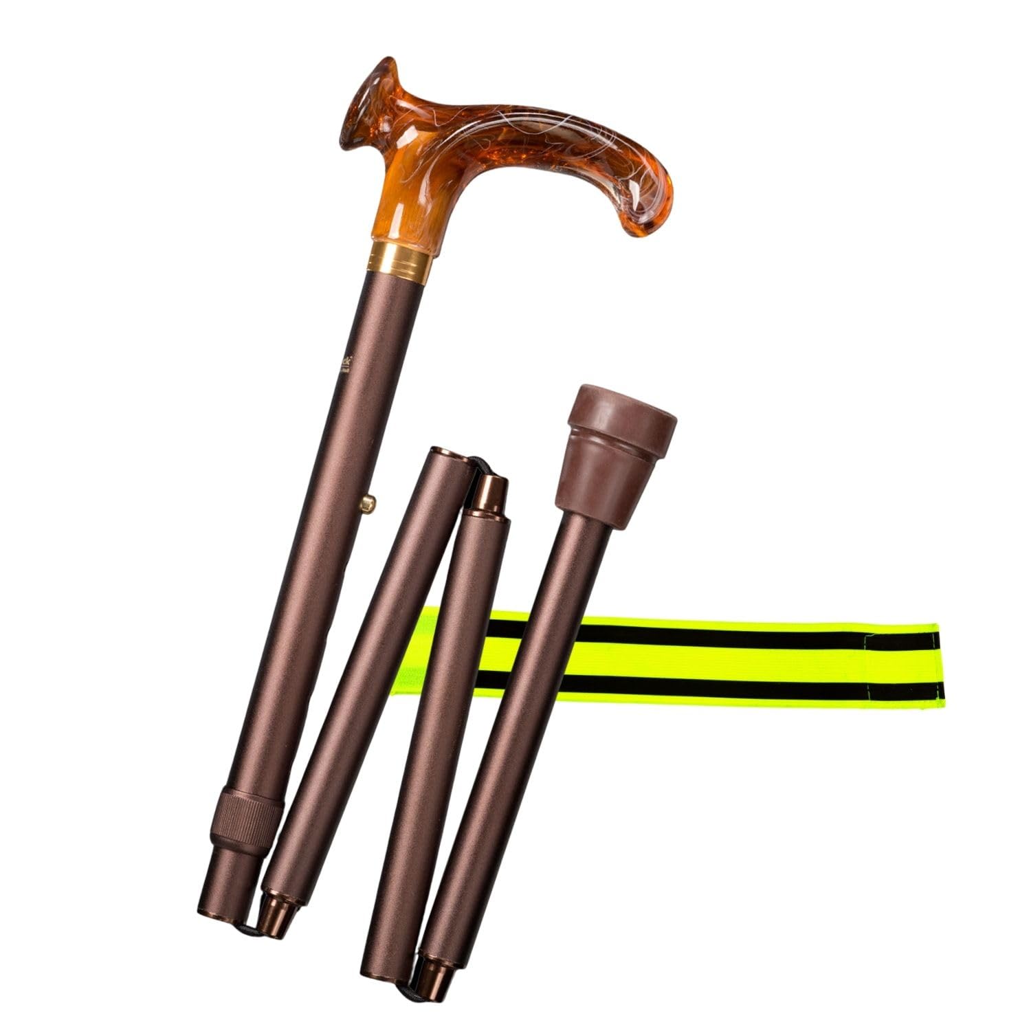 Delux Relax Faltstock höhenverstellbar + Olanmarp Klettarmband | Bernsteinfarbener RELAX-Griff, 4-teilig faltbar, 88–98 cm höhenverstellbar, bis 120 kg belastbar – anatomisch, rechts