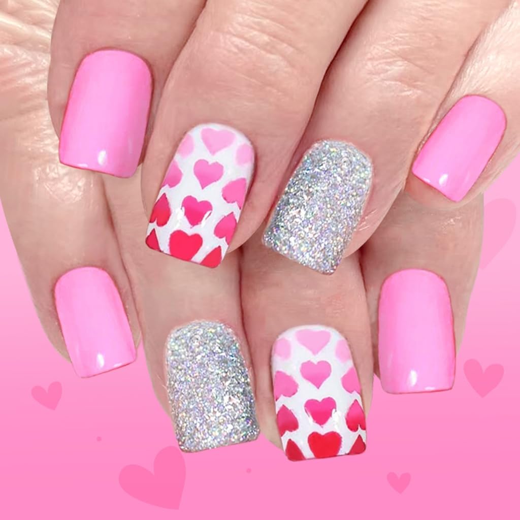 Pink Heart Glitters Artificial Nails Short Square Artificial Nails With Finish Safe For Sensitive Skin 24pcs