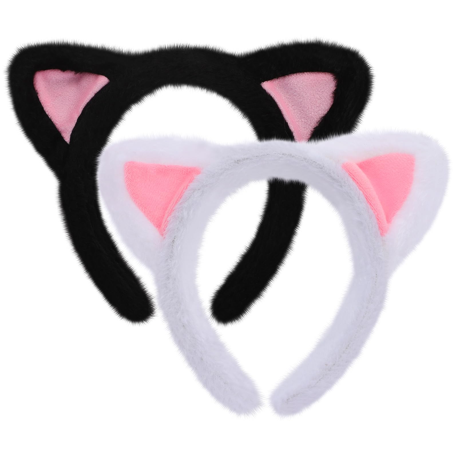Ewaycom 2 Pack Cat Ears Headband Plush Fuzzy Black and White Cat Ears Headband Hairbands for Washing Face Makeup Yoga Shower Photo Props for Adult