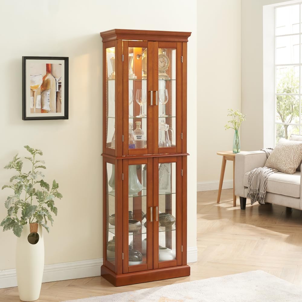 Lighted Curio Cabinet with Adjustable Tempered Glass Shelves, Mirrored Back Panel, and Magnetic Door Closures for Home Display (Walnut + MDF)
