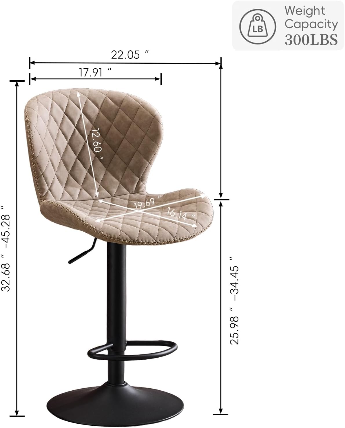 AEDI Bar Stools Set of 2, Adjustable Swivel Counter Height Upholstered Bar Chairs with Back, Distressed Faux Leather & Handcrafted Heavy Stitching for Kitchen Island,Bar,Khaki