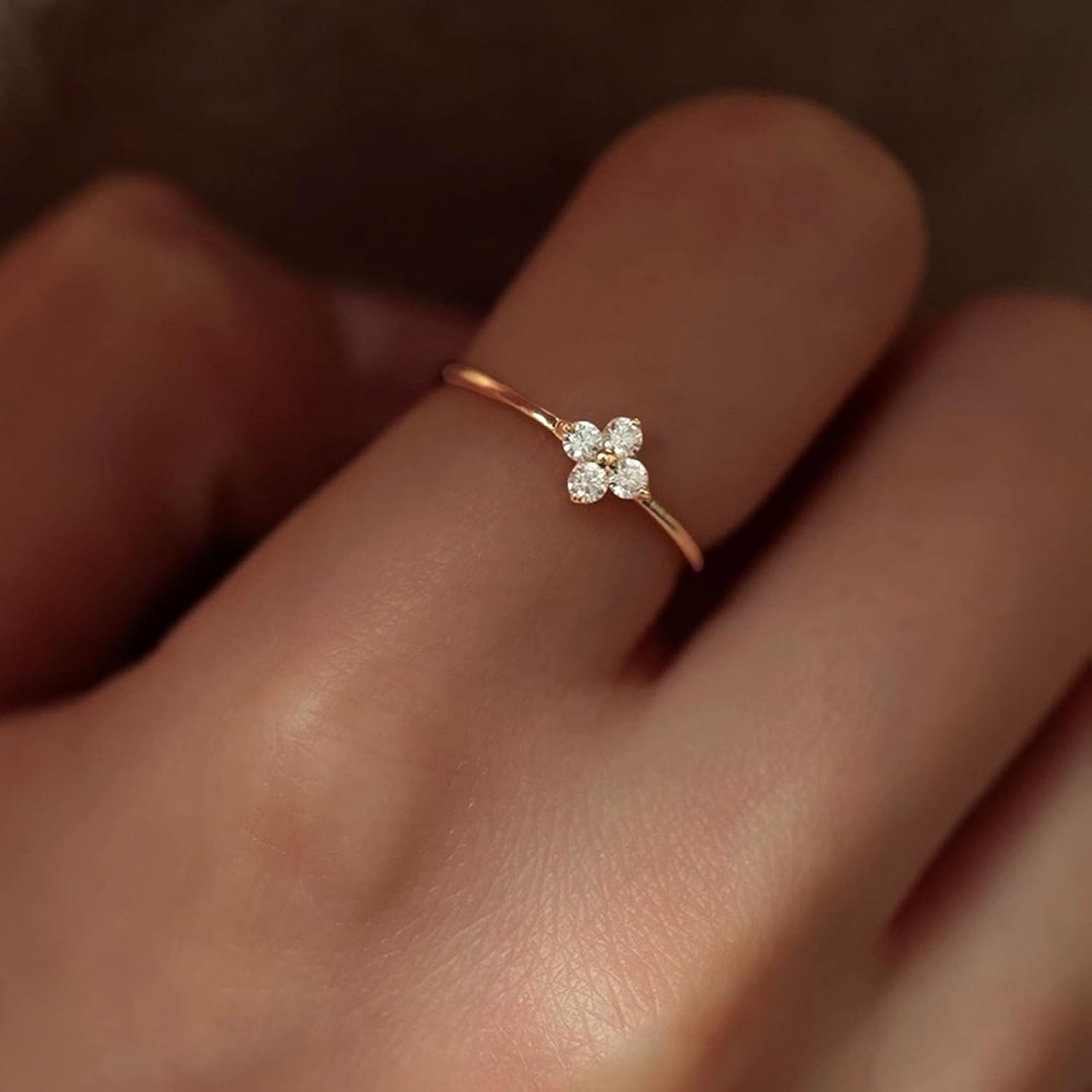 CZ Lucky Leaf Ring for Women 925 Sterling Silver Dainty Lucky Ring to Daughter Mom 14K Gold Plated Simple Minimalist Stackable Rings for Mother Wife Birthday Wedding Valentine's Day Jewelry Gift - Image 5