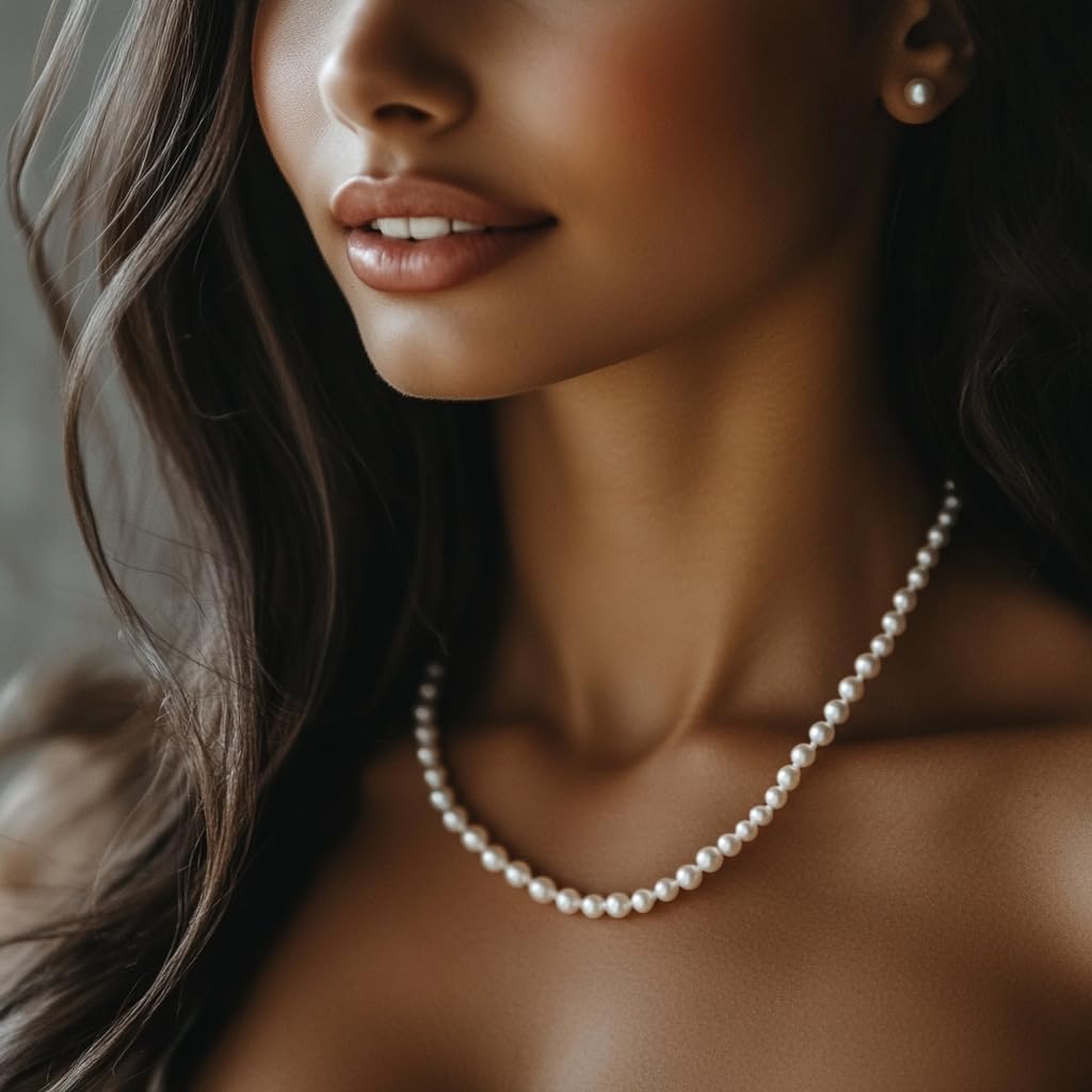 IDOKAWA Pearl Necklace 16in 3/4/6MM White Freshwater Pearl Choker Strands Sterling Silver Clasp Necklace for Women/Mother Jewelry Gifts for Wedding Birthday - Image 3