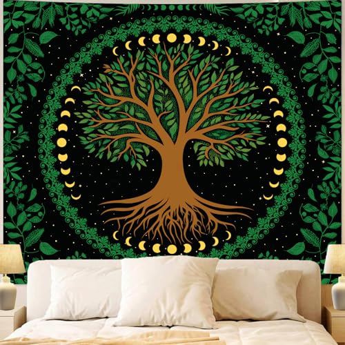 Apdidl Boho Mandala Green Tapestry for Bedroom, Nature Hippie Tree of Life Moon Phase Ceiling Tapestries Aesthetic, Bohemian Sun Stars Plant Decoration Wall Hanging Art Backdrop for Living Room (51"X60")