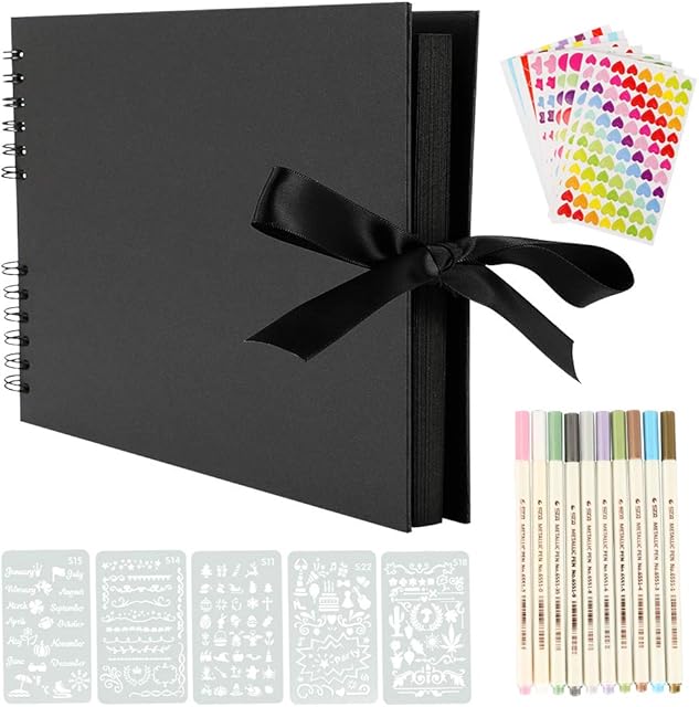 YILEEY Scrap Book 80 Black Pages Scrapbook, Photo Album 12 x 9 inches Memory Books Guestbooks, DIY Gift Scrapbooking Kits with 10pcs Markers Pens 5pcs Stencils 6pcs Stickers and 2pcs Photo Corners