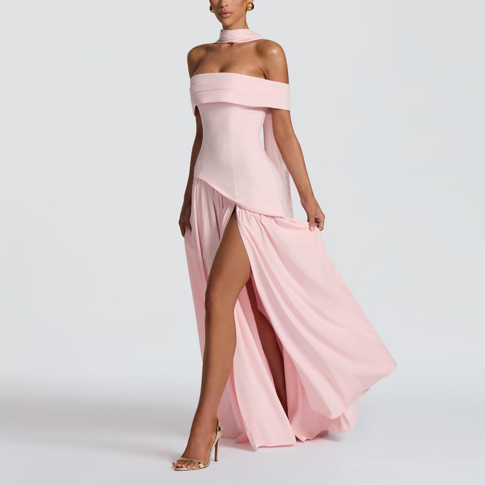Vestido Largo para Mujer Elegante Vestidos de Fiesta Hombros Descubiertos Sexy Maxi Vestido sin Espalda con Abertura Vestidos Formal de Noche Ajustado con Bufanda para Ceremonia Boda