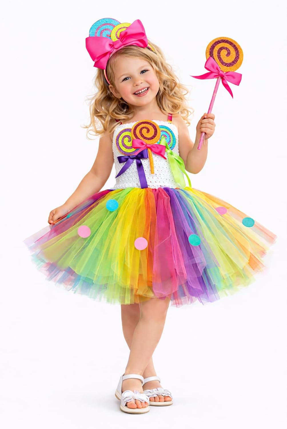 Rainbow Candyland Dress for Girls – Colorful Ice Cream Lollipop Tutu Costume for Birthday, Halloween, Dress-Up Play