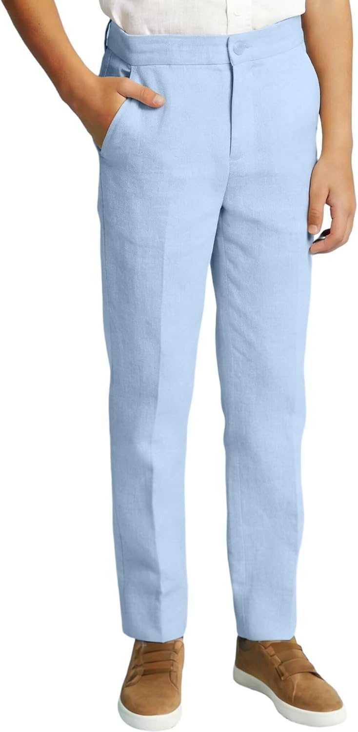 Boys Linen Suits Pants Kids Lightweight Flat Front Dress Pants for Toddler Boy Teens Formal School Uniform Trousers