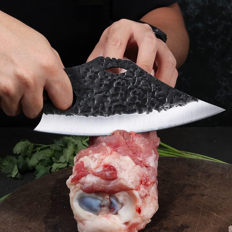 Meat Cleaver,Cleaver Knife Forged Hammered Fish Killing Knife Beef Sheep Butcher Knife Carbon Steel Multipurpose Knife for Meat Vegetables (Color : With PU Leather case)