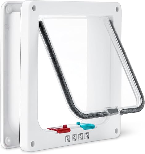 Tienda Basics Puerta de plástico ajustable para perros y gatos con cerradura de 4 vías, pequeña, 7.5 x 7.4 x 2.24 pulgadas, color blanco