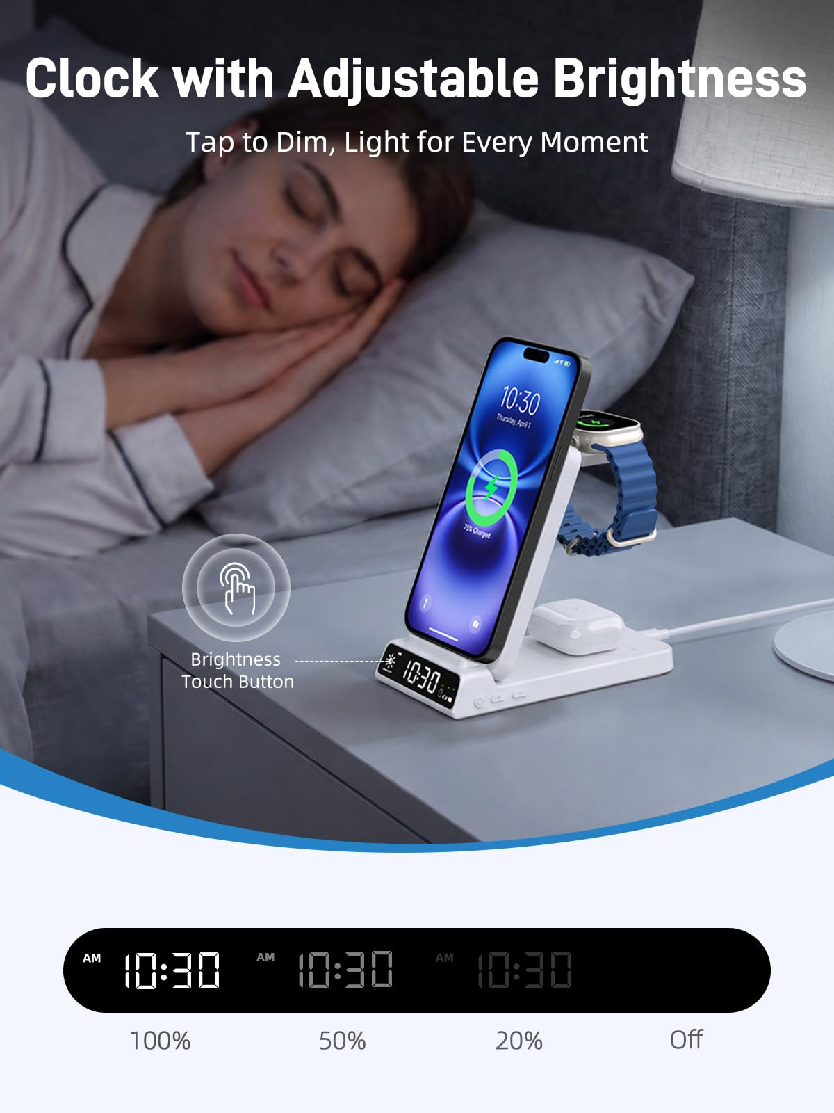 3-w-1 bezprzewodowa stacja ładująca dla Apple, składana magnetyczna stacja ładująca dla iPhone 17e/17 Pro Max/16 /Pixel 10/Samsung S26, stacja ładująca z zegarkiem dla Apple Watch 10/Ultra/9