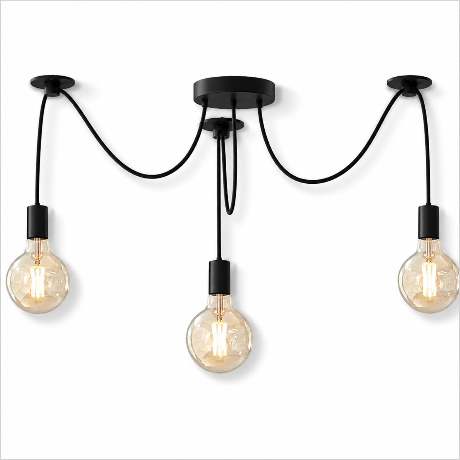 Modern Black 3 Head Spider Pendant Light With 12cm Ceiling Rose And 1m Adjustable Hanging Flex Cords Industrial Multi Drop Ceiling Lamp Fitting with Bulb for Kitchen Dining Room Living Spaces Bed Room