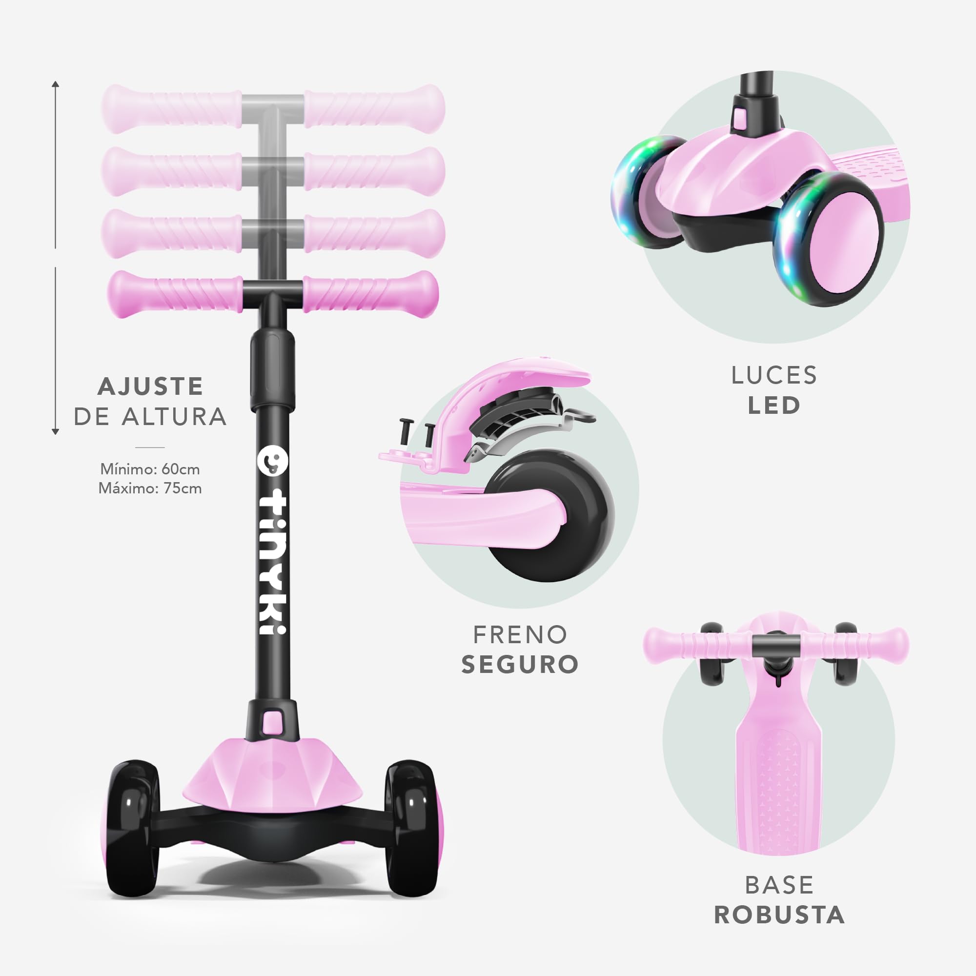 TINYKI Patinete Niño 2 Años a 6 - Altura Ajustable con Ruedas Luces LED - Scooter Niño 3 Ruedas - Patineta Infantil para Niños y Niñas Jugar