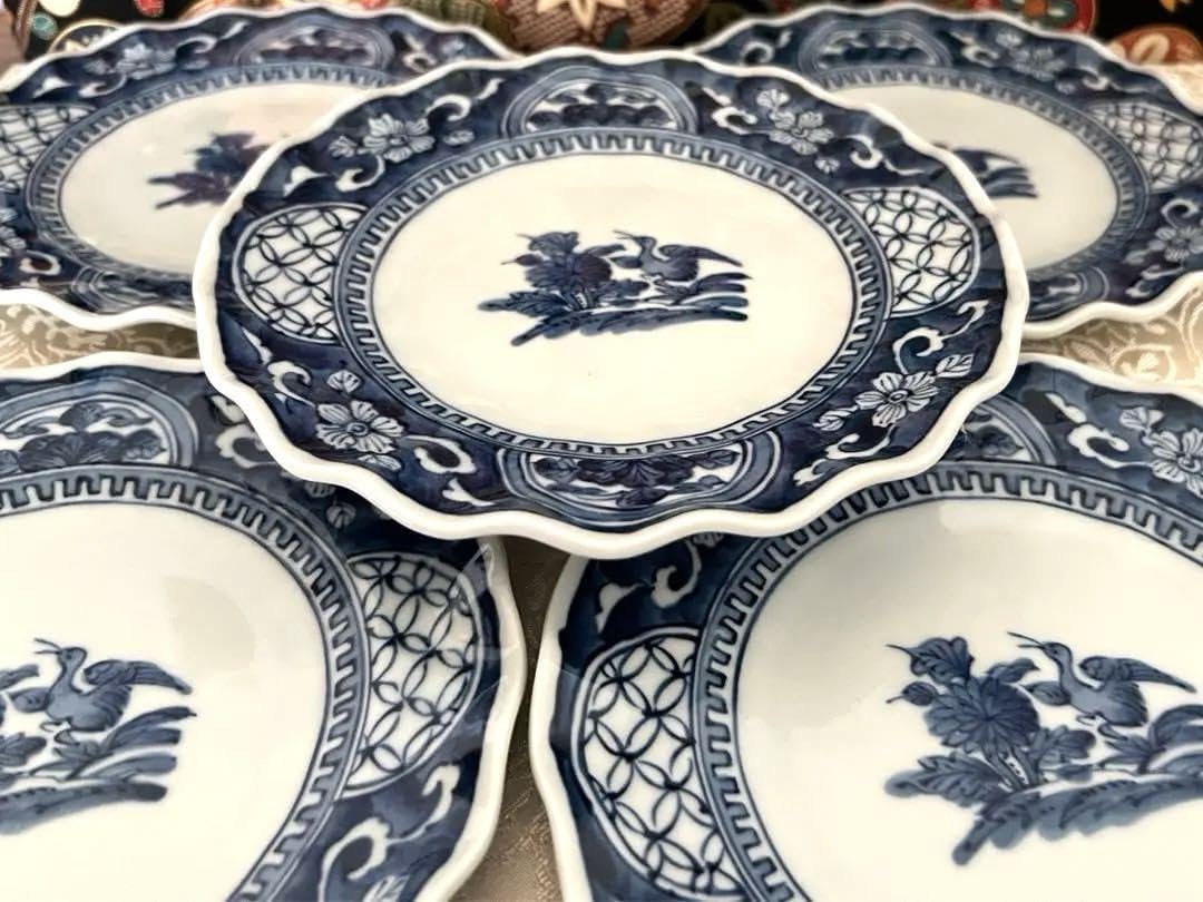 Ryuho Kiln Sometsuke Flower Birds Thick Flowers and Birds Medium Plates, Plate and Flower Ring Set of 5