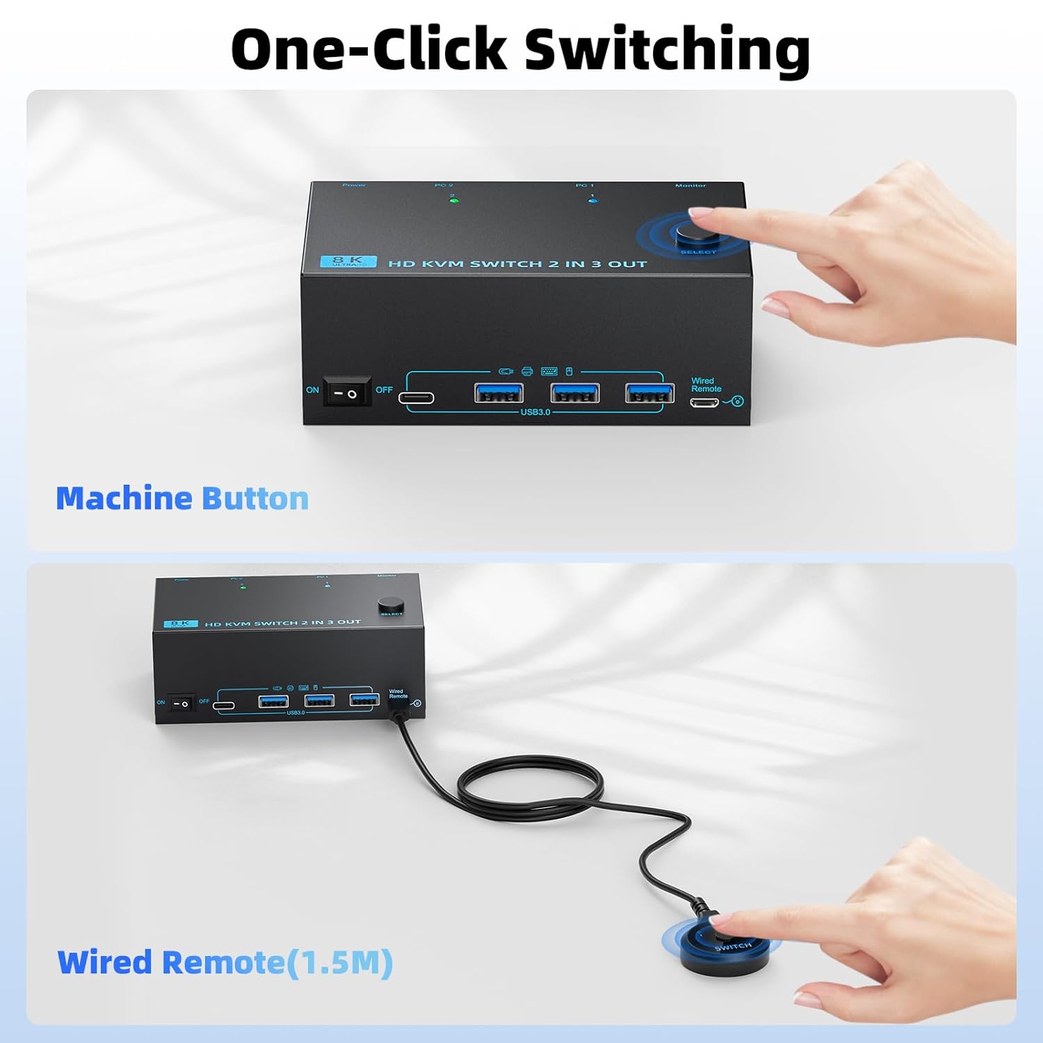 8K KVM Switch 3 Monitors 2 Computers 3 Port HDMI Dual PC Triple Monitor 2 PC 8K@60Hz/4K@120Hz 2 in 3 Out USB 3.0 KVM Switches, Wired Remote & USB 3.0 Cables & Power Cable Included