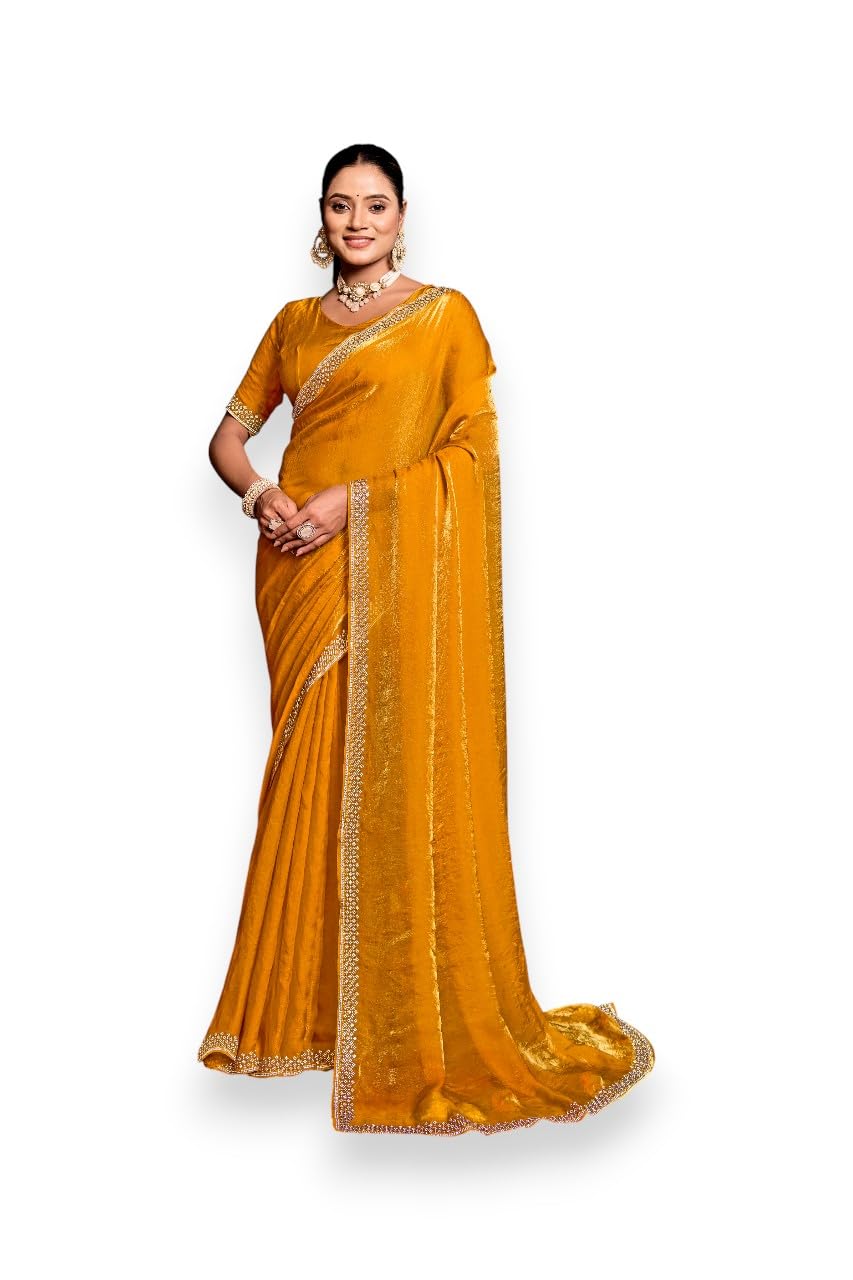 Golden Yellow Fendi Silk Saree with Exquisite Stone Work & Unstitched Blouse – Premium Designer Traditional Saree for Weddings, Parties & Grand Celebrations