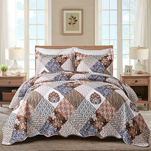 Luxudecor Brown Boho Quilt Set King Size 3 Pieces Floral Plaid Bedspread Coverlet Set For All Season Patchwork Reversible Bedding Quilt King 90"X104" #TOP24