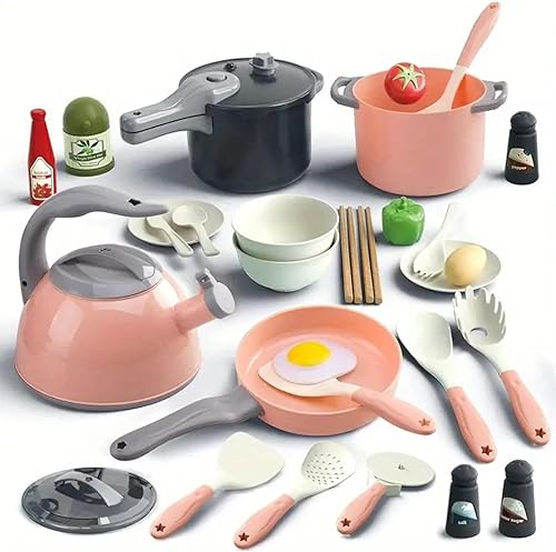 Juego de cocina de 32 piezas para niños de 3 años en adelante, juguetes de cocina con ollas, sartenes y comida de juego, regalo de aprendizaje para