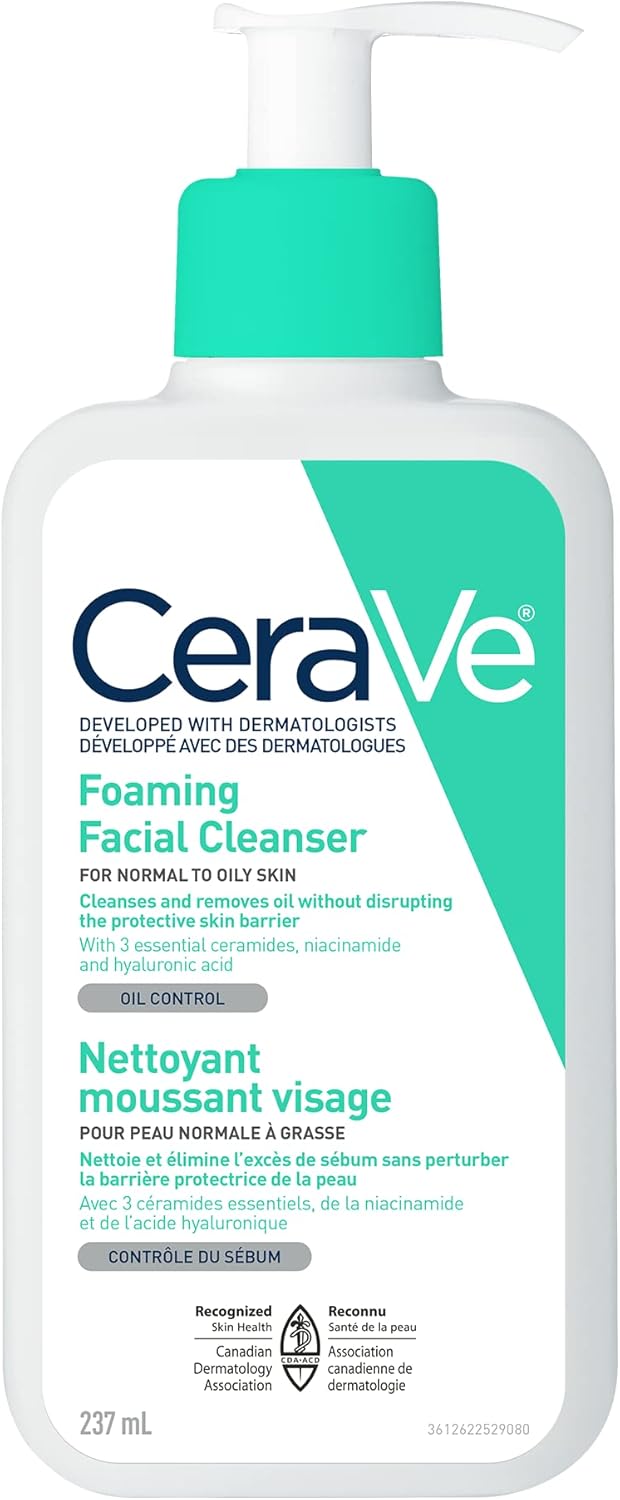 CeraVe FOAMING Face Cleanser, Gentle Face Wash with Hyaluronic Acid, Niacinamide, Ceramides. Makeup Remover for oily skin, won’t clog pores. Oil & sebum control. Non-Comedogenic, Sensitive Skin, Men & Women, 237mL