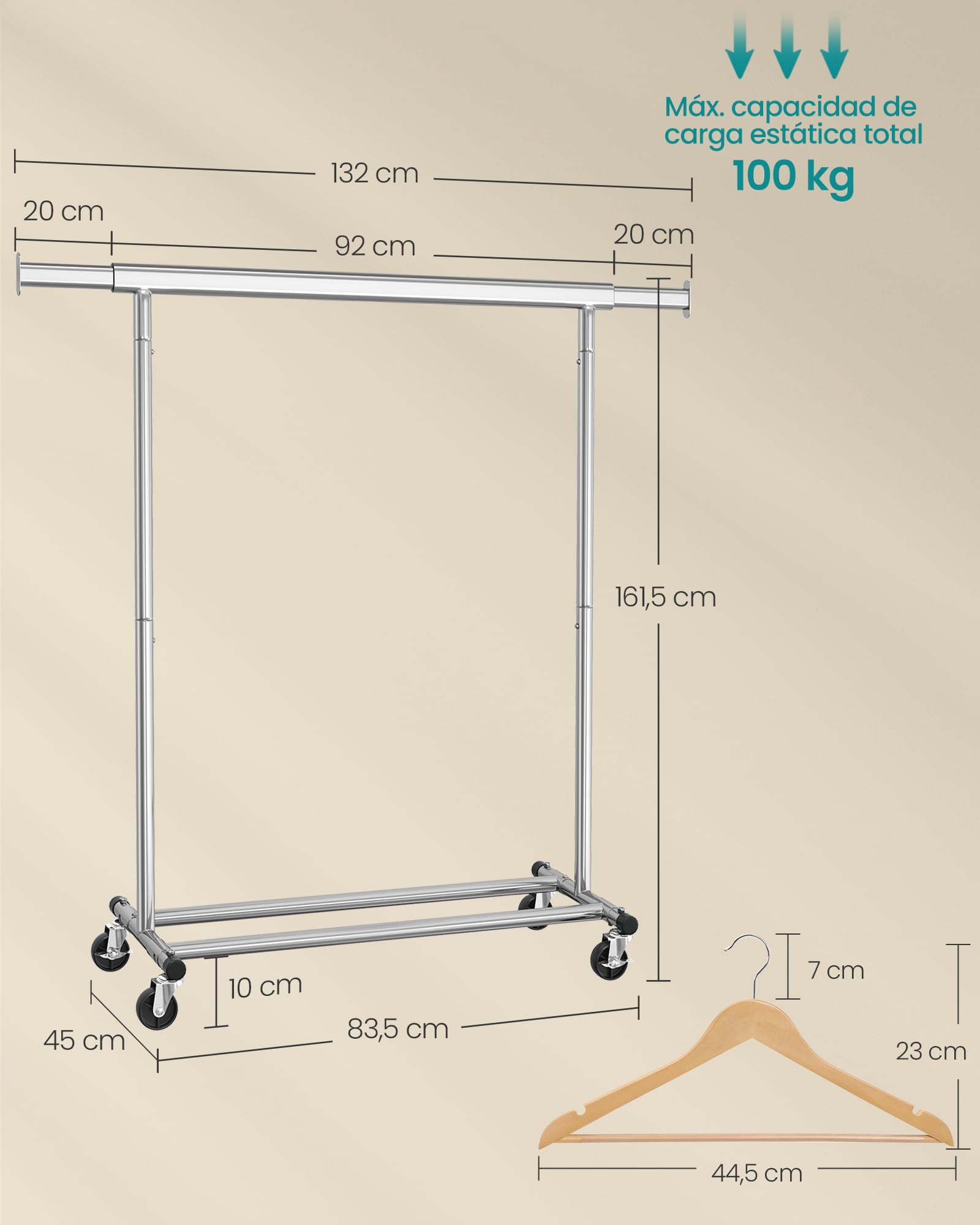 SONGMICS Juego de 20 Perchas, Perchero con Ruedas, Percha de Madera Maciza, Barra Extensible, Gancho Giratorio 360°, Plata, Natural y Plata HSR013S01