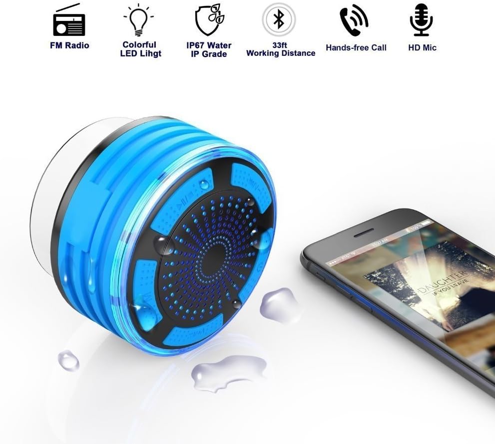 Shower Speaker, Auto Tech Waterproof Bluetooth Speaker, FM Shower Radio, Mic, and LED Mood Lights, Super Bass and HD Sound for Bathroom, Pool, Beach, Kitchen & Outdoor | Portable & Wireless Speaker