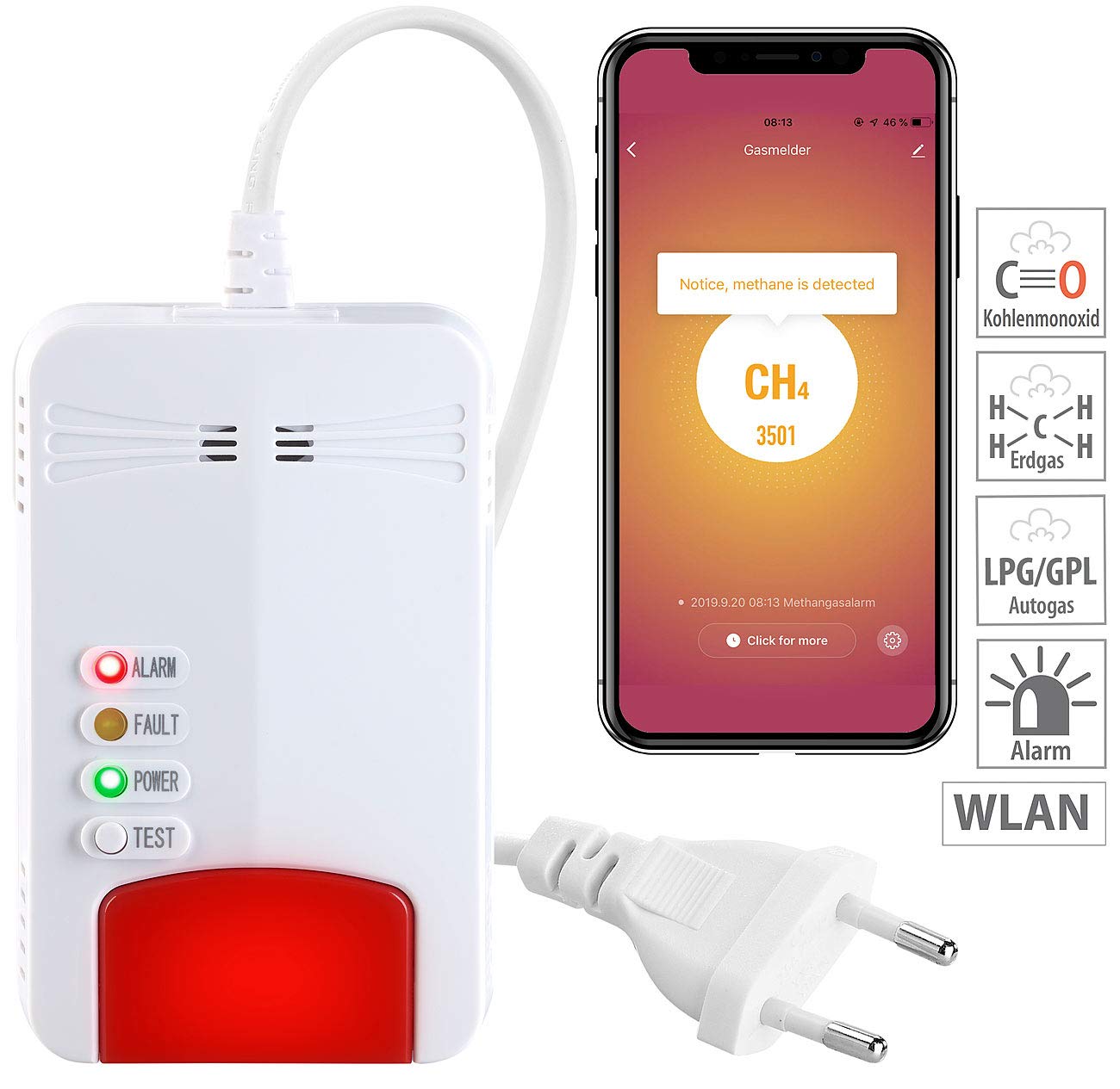 VisorTech Gasmelder Erdgas WLAN: Smarter Multi-Gasmelder für haushaltsübliche Gase, WLAN & App, 85 dB (Smart Home, Gaswarngerät, Grill)