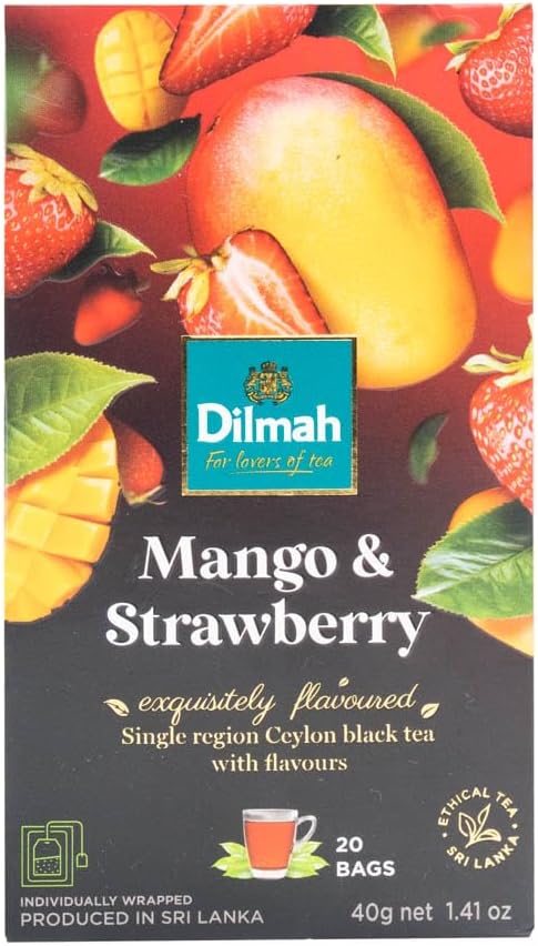 Mango and Strawberry Flavored Ceylon Black Tea - 20 Tea Bags - Sri Lanka Ceylon Dilmah Mango Strawberry Tea Real Tea