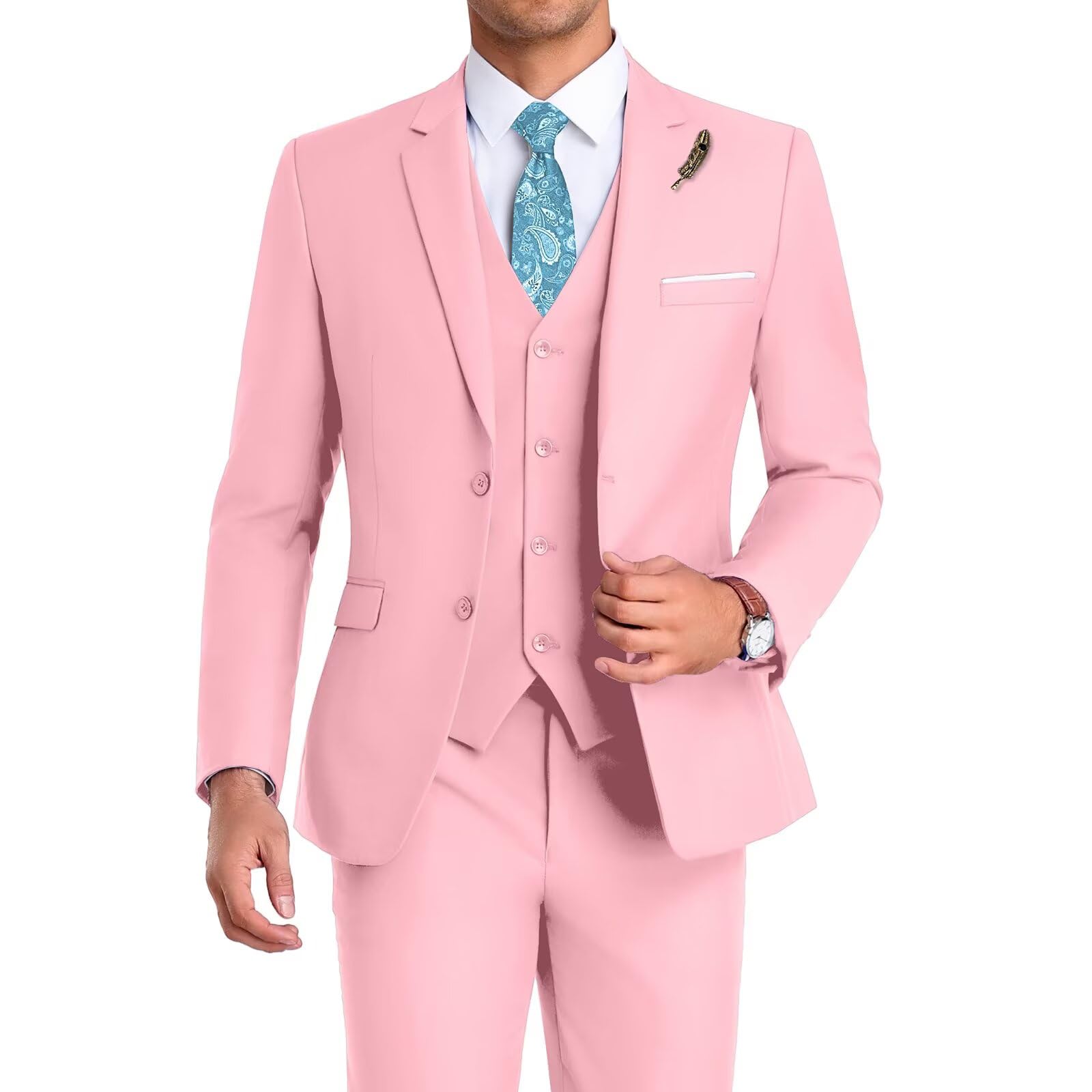 High-End Suits Men Suit 3 Pieces Slim Fit, Two Button Wedding Suit Prom Suit for Men Business Suit Jacket Vest Pant and Tie, Pink, M