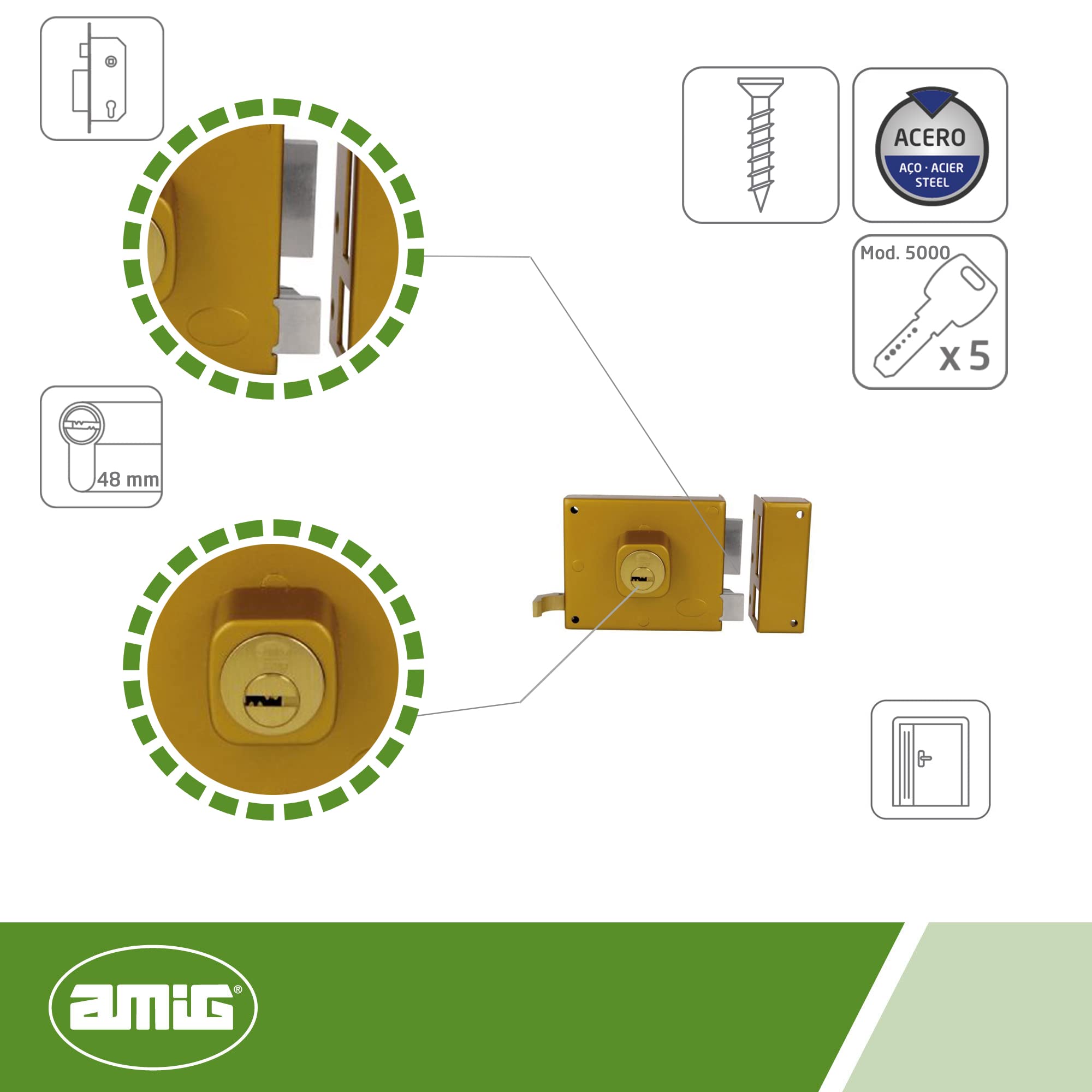 Amig - Cerradura de Sobreponer de Derecha con Palanca de Cierre, Lengüeta y Tirador para Puertas de Madera Mod. 72-100 x 85 mm - Pestillo Con Cilindro Redondo - Acero Esmaltado Oro