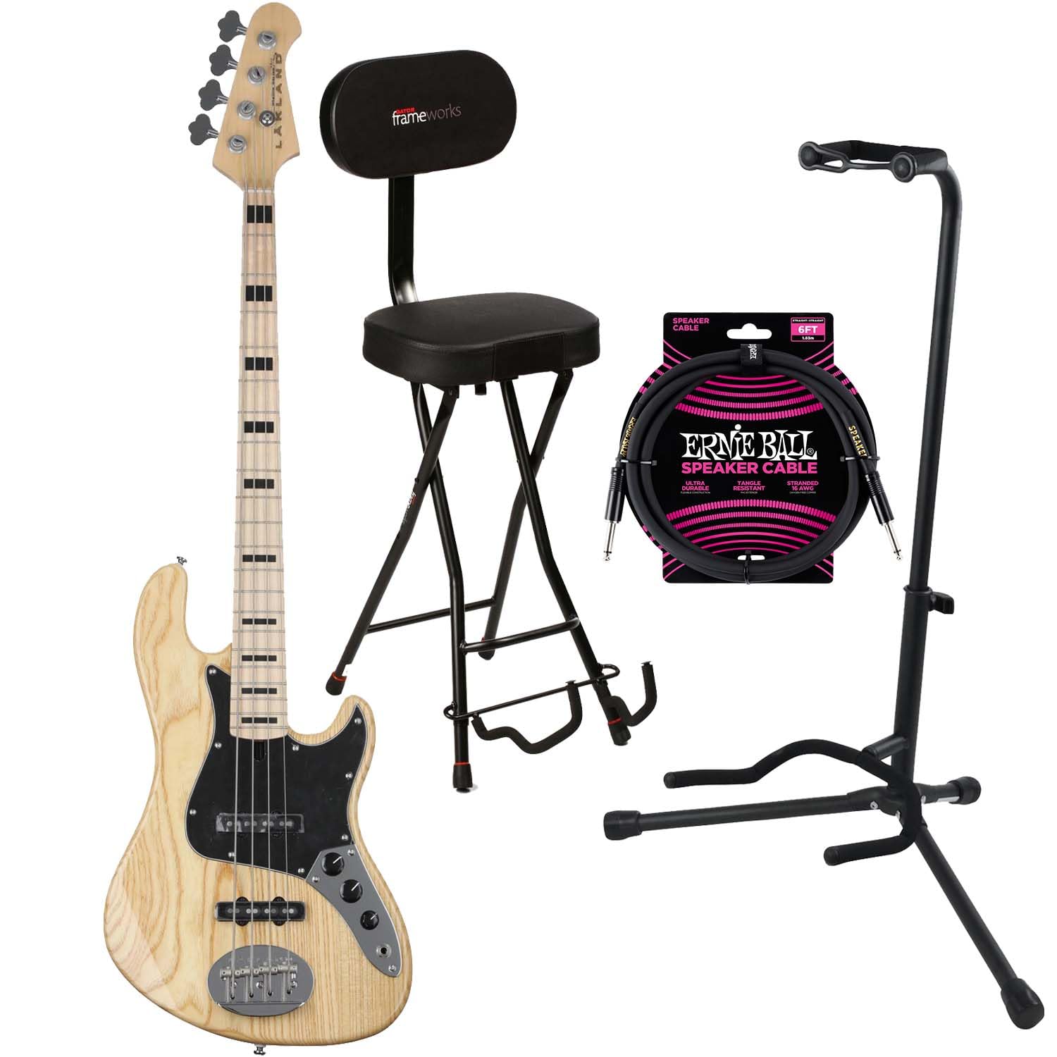 Lakland Skyline Darryl Jones DJ-4 Bass Guitar, Natural, Maple Fingerboard, Gator GFW-GTR-SEAT, Stand, ErnieBall 1/4 Cable Bundle