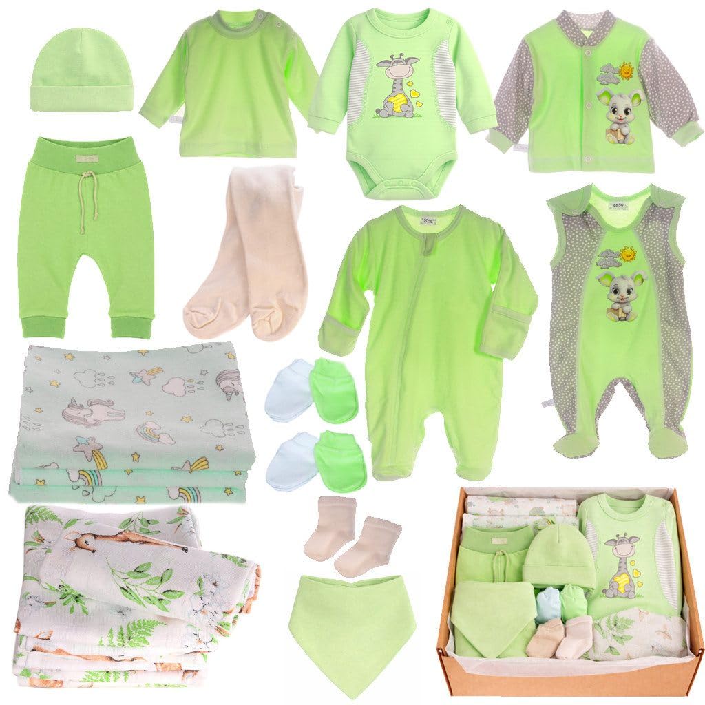 Baby Erstausstattungspaket 20-teilig – Hemdchen, Hosen, Strumpfhosen, Overalls & Tücher – Neugeborenen Bekleidungsset Unisex – Baumwolle Spar-Set