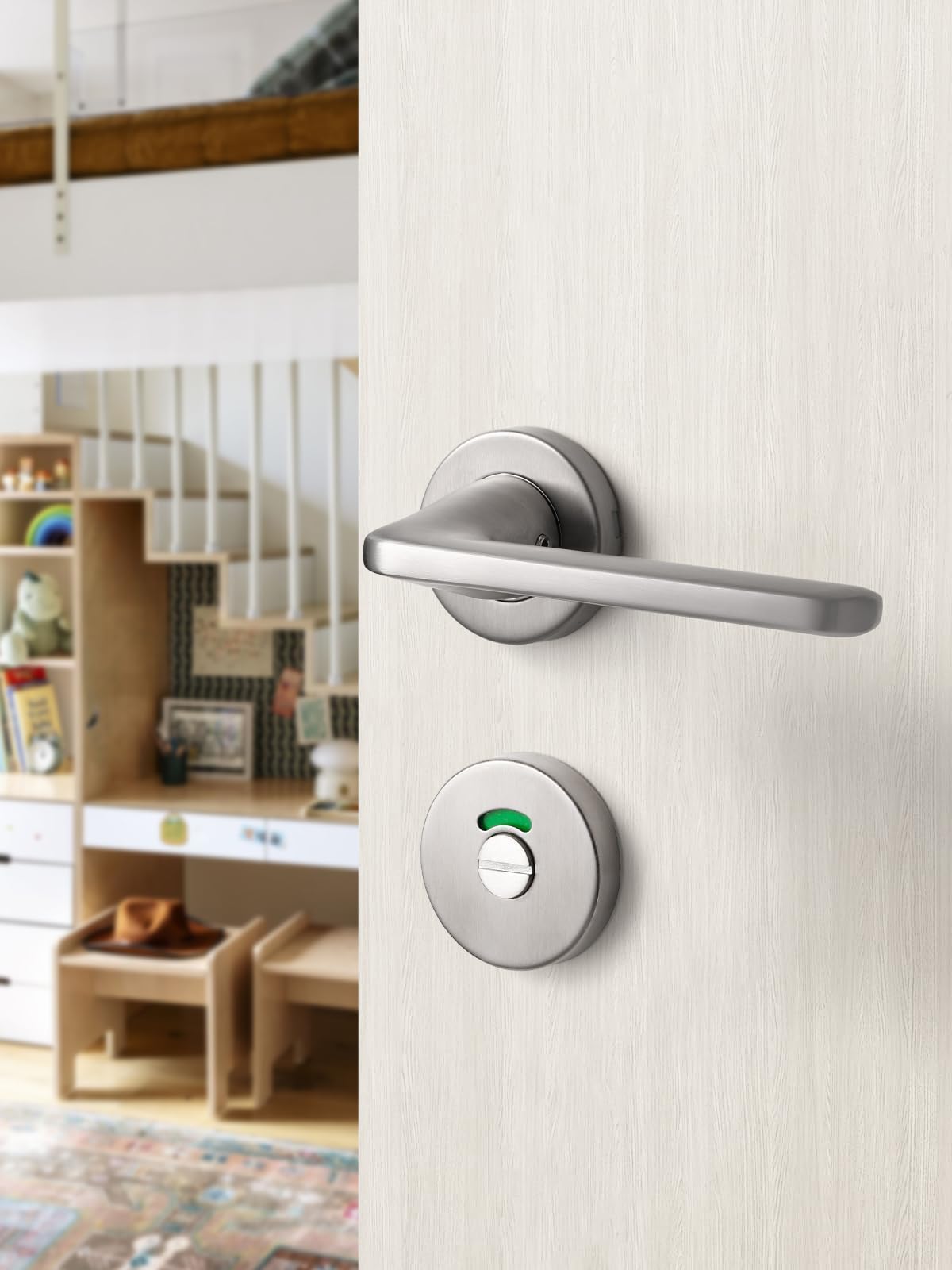 SORWDUERM Nickel Door Handle Set, Matte Brushed Stainless Steel, L Shape Round Rosette WC Profile Cylinder for Front & Interior Doors - Image 3