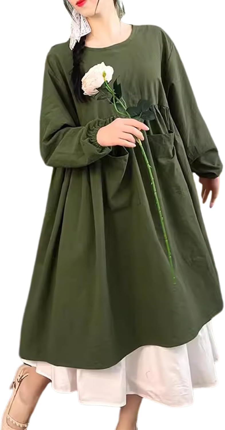 Cobbler Apron Cotton Cooking Aprons Dress for Women Long Sleeve with Pockets Cute for Baking Gardening Cleaning,One Size,Green