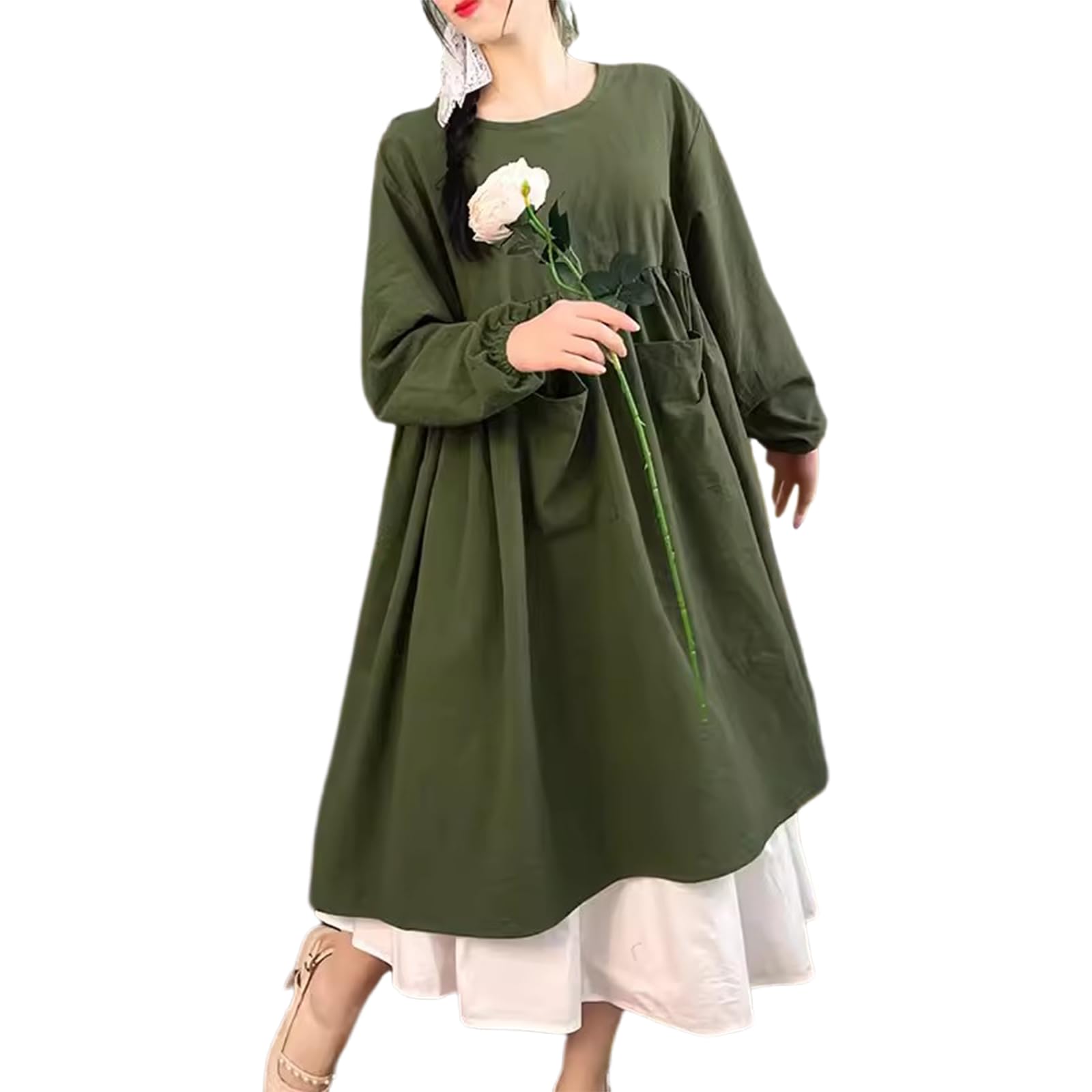 CBBEONRN Cobbler Apron Cotton Cooking Aprons Dress for Women Long Sleeve with Pockets Cute for Baking Gardening Cleaning,One Size,Green