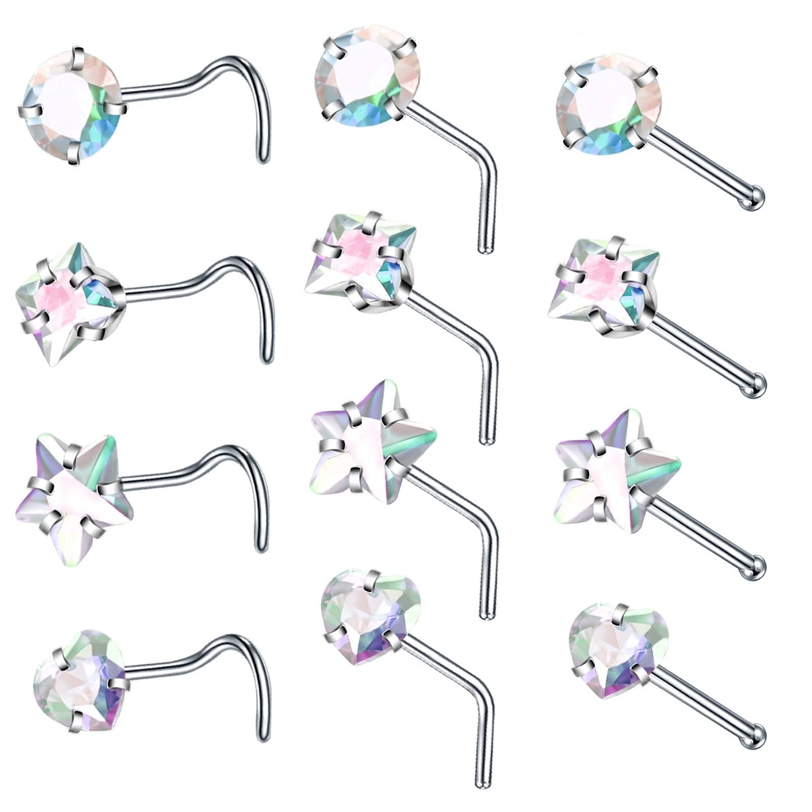 WBDWWTD Nasenring-Ohrstecker 20 Gauge, Nasenring-Sortimentspackung aus Chirurgenstahl, 12 Helix-Ohrringe in L- und J-Hakenform mit kubischem Zirkon