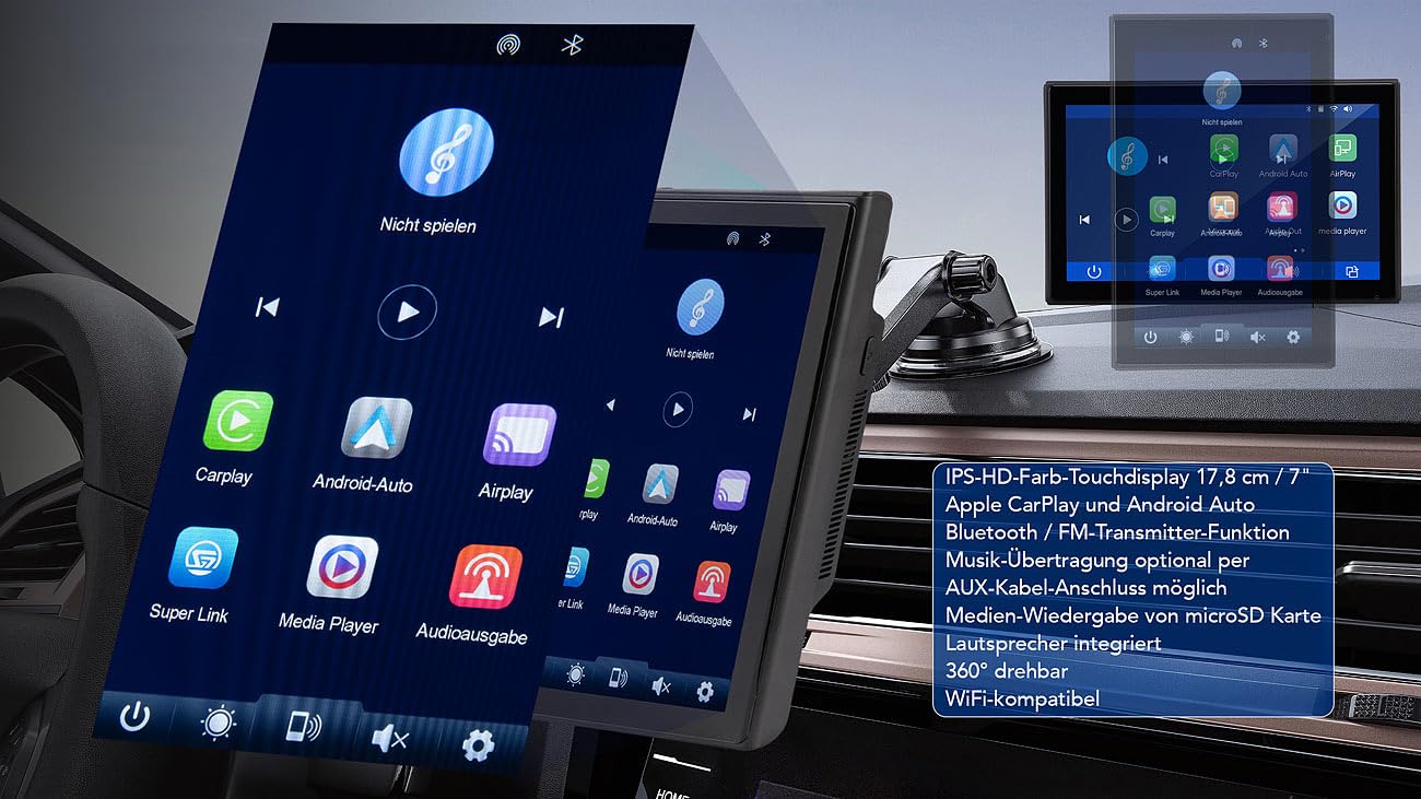 Lescars Navigation: IPS-HD-Touchscreen, 7"/17,8 cm, für Apple CarPlay & Android Auto, 360° (Apple Carplay Displays, Android Auto Display)