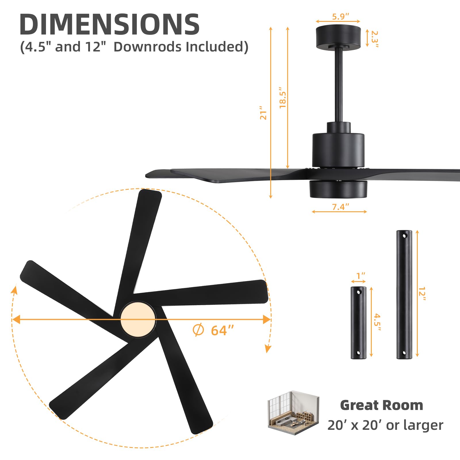 WINGBO 64 ABS DC Ceiling Fan with Lights 5 Blade ABS Plastic Ceiling Fan with Remote 6-Speed Reversible — view 3