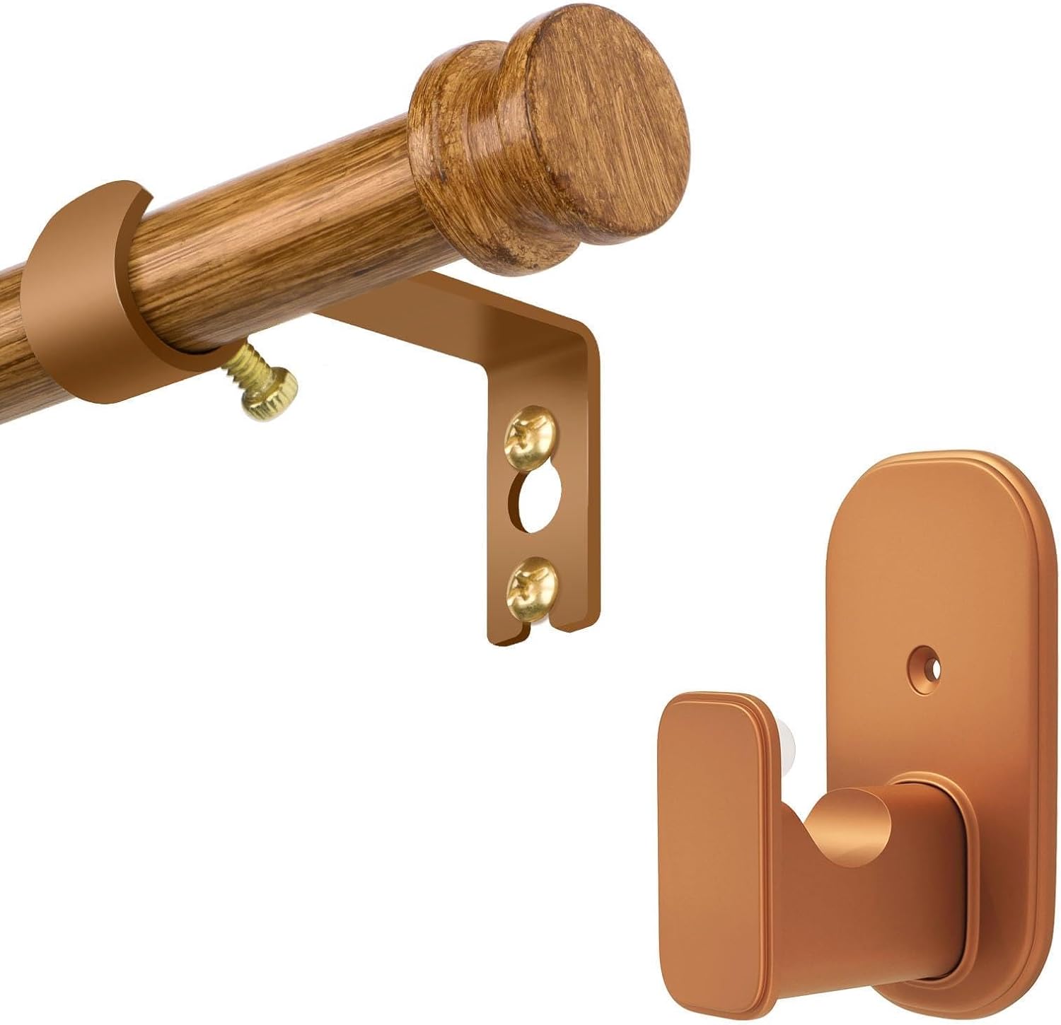 Curtain Rod and No Drill Curtain Rods Brackets Bundle: Wood Single Window Rod 18 to 60 Inch,Self Adhesive Holder & Heavy Duty Metal Hardware Combination,Renter Friendly Drapery Pole Set,Wood