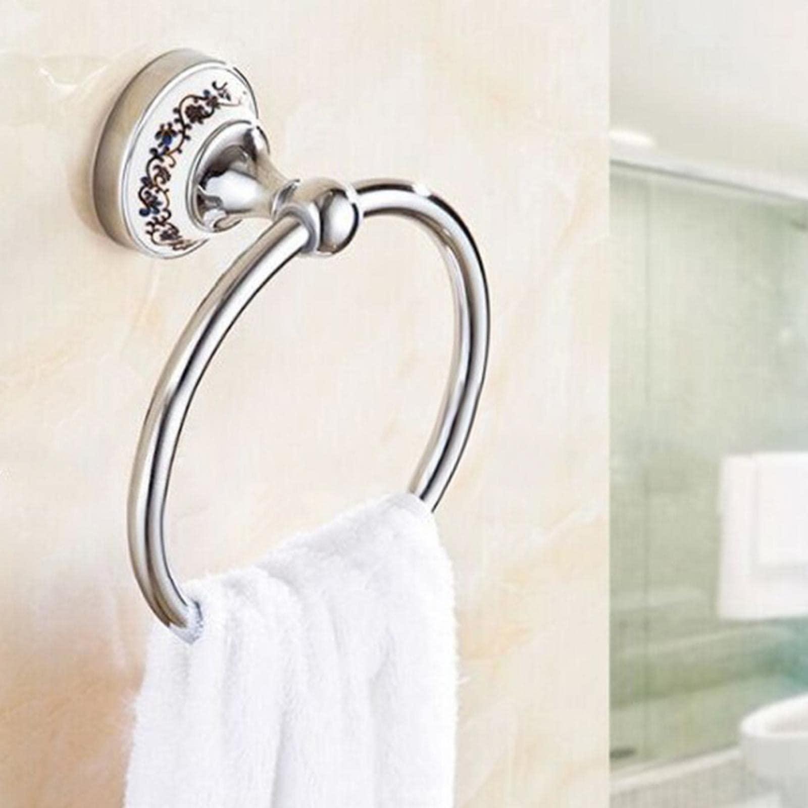 Toallero redondo autoadhesivo de acero inoxidable con diseño de porcelana azul y blanca, toallero de baño duradero para una fácil instalación y decoración elegante