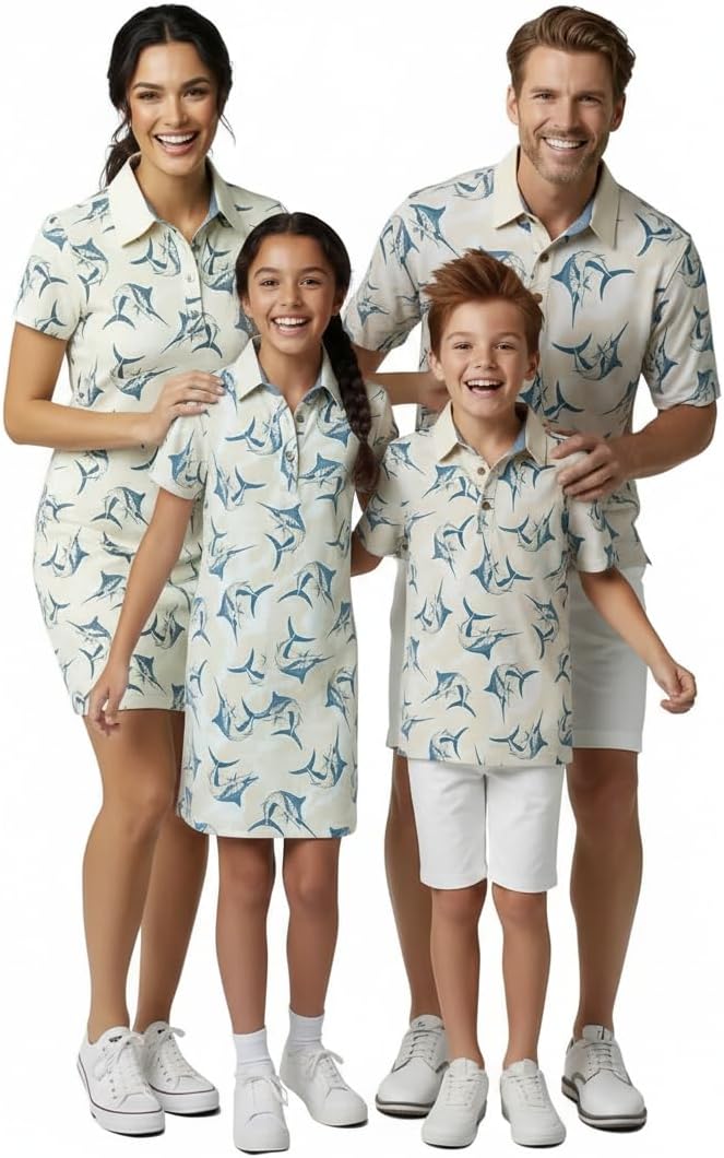 Hawaii Hangover Family Matching Tropical Polo Shirts & Polo Dresses – Marlin Fish Yellow Resort Golf Outfits