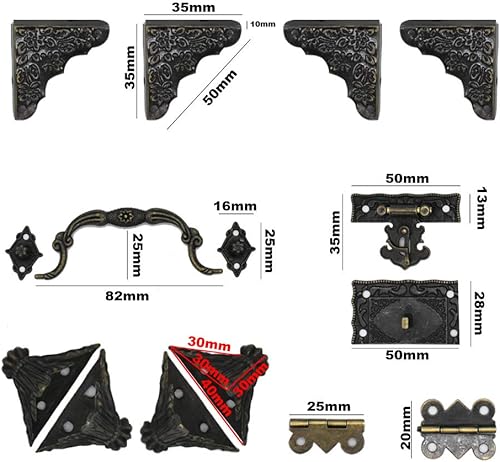 Miniatura 2 de Cierre de pestillo antiguo para caja de joyería, bisagras, mango, protectores de esquina, kit para bricolaje, tono bronce, 2 juegos, 24 piezas