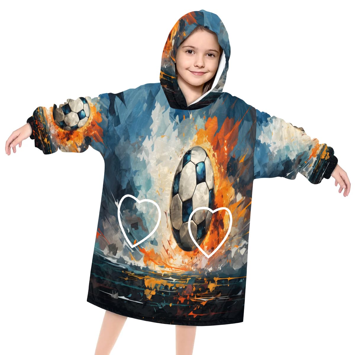 Kids Blanket Hoodie 3D Soccer Wearable Blanket Hoodie Oversized Hooded Blanket, Sweatshirt Blanket with Pockets Soft Warm Kids Hooded Blanket for Girls, Boys