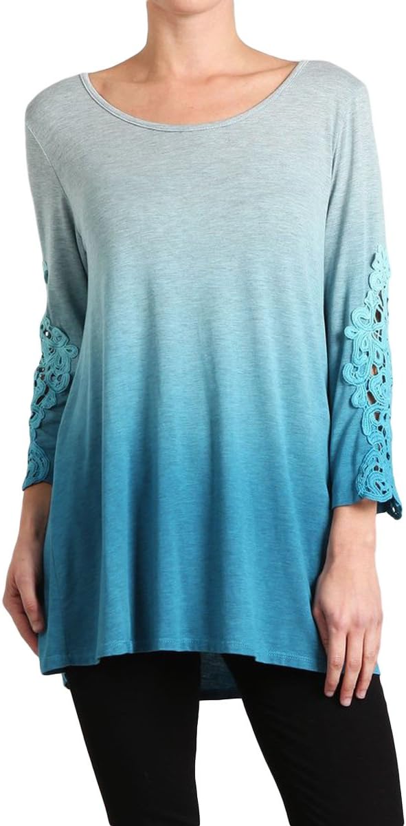 HEYHUNWomens Ombre 3/4 Sleeve Knit Tunic Top w Crochet Patch