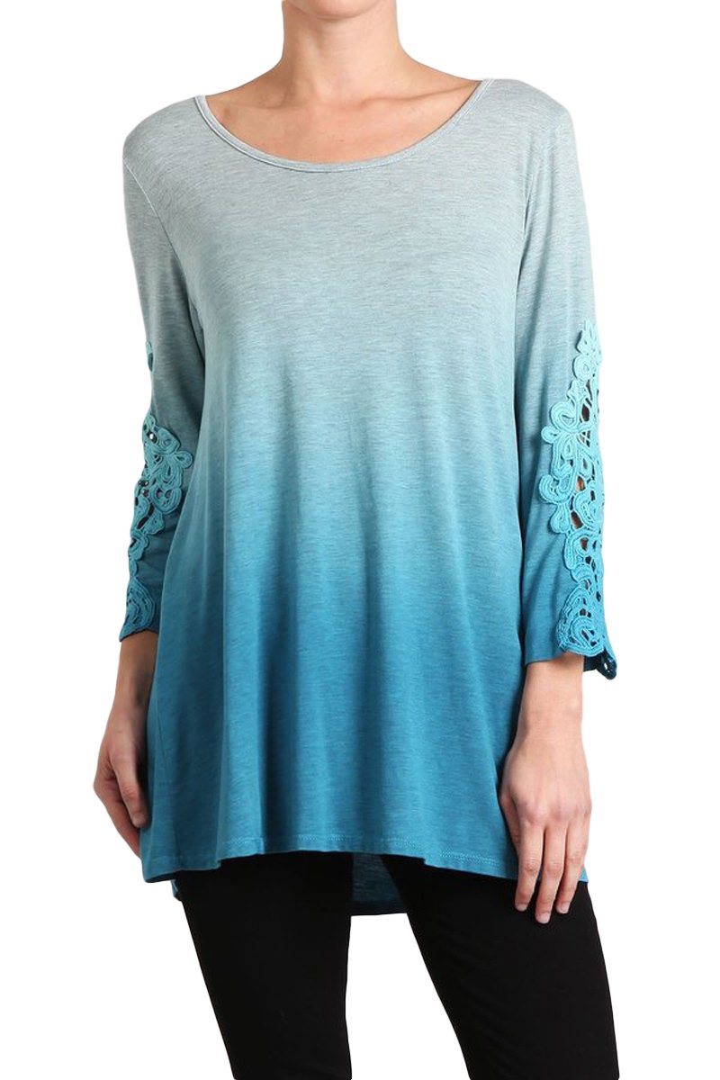 HEYHUNWomens Ombre 3/4 Sleeve Knit Tunic Top w Crochet Patch