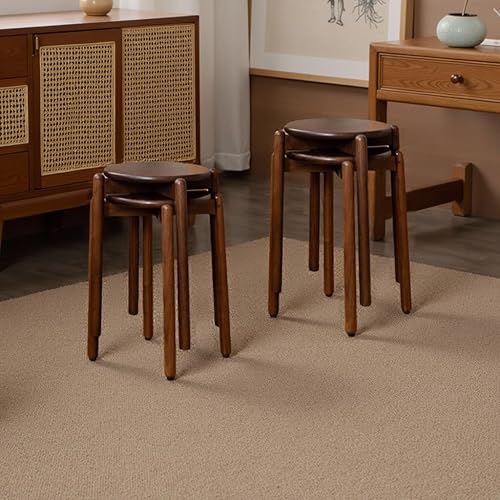 Miniatura 10 de Taburete redondo de madera 100% roble macizo, taburetes apilables con almohadillas antideslizantes para los pies, pequeños taburetes de tocador para