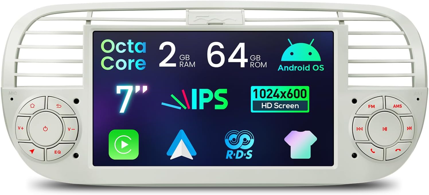 XTRONS Android 14 Car Stereo for Fiat 500 (2007-2015), 7 Inch Touch Screen Radio Replacement Head Unit Support GPS Navigation Bluetooth Built-in DSP CarPlay Android Auto 2+64GB (Cream)