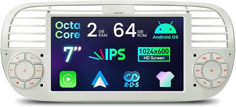 XTRONS Android 14 Car Stereo for Fiat 500 2007-2015, 7 Inch Touch Screen Radio Replacement Head Unit Support GPS Navigation Bluetooth Built-in DSP CarPlay Android Auto 2+64GB Cream
