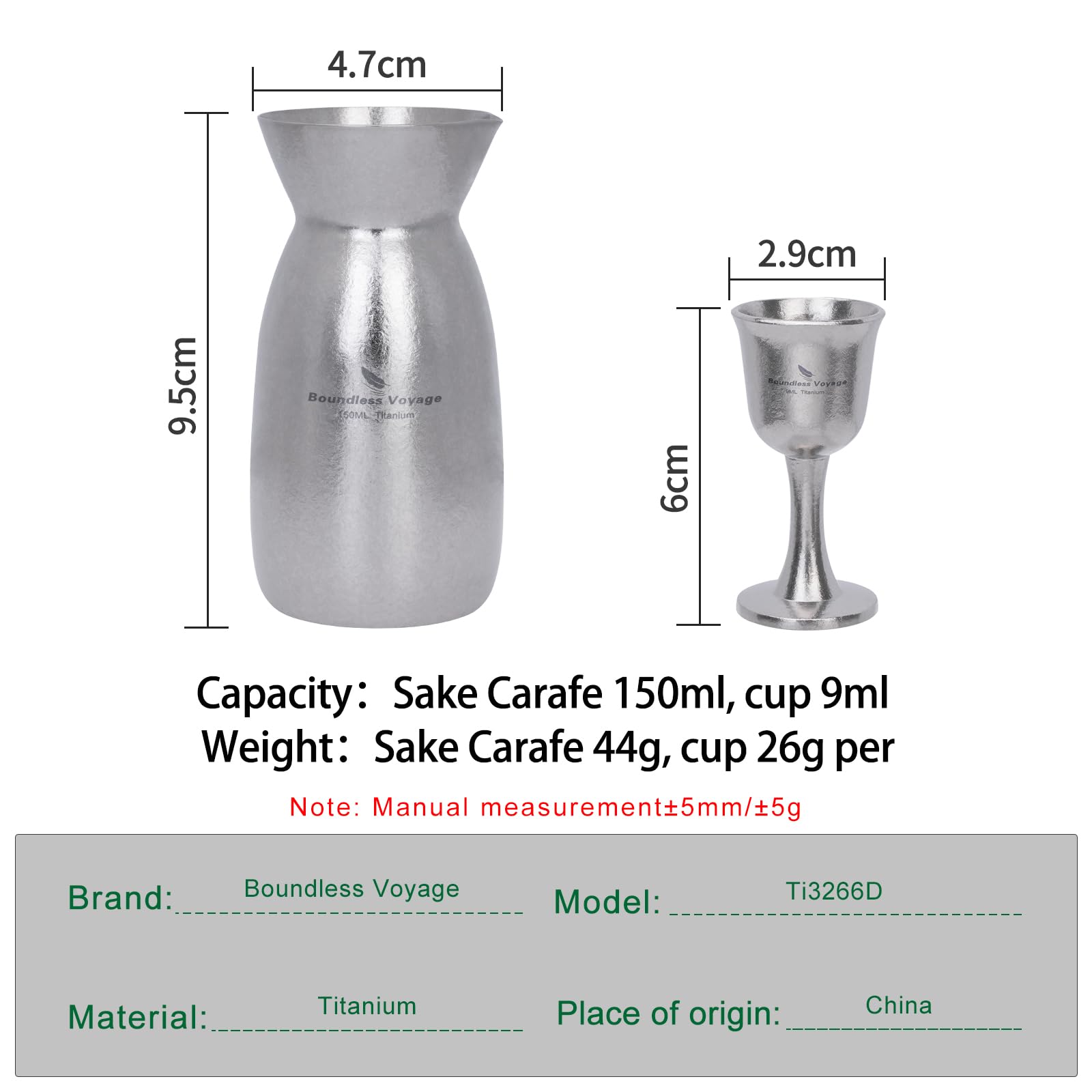 iBasingo Titanium Sake Set 150ml Flask with 2 Cups, Unbreakable Lightweight Wine Jar for Camping Hiking - Image 3