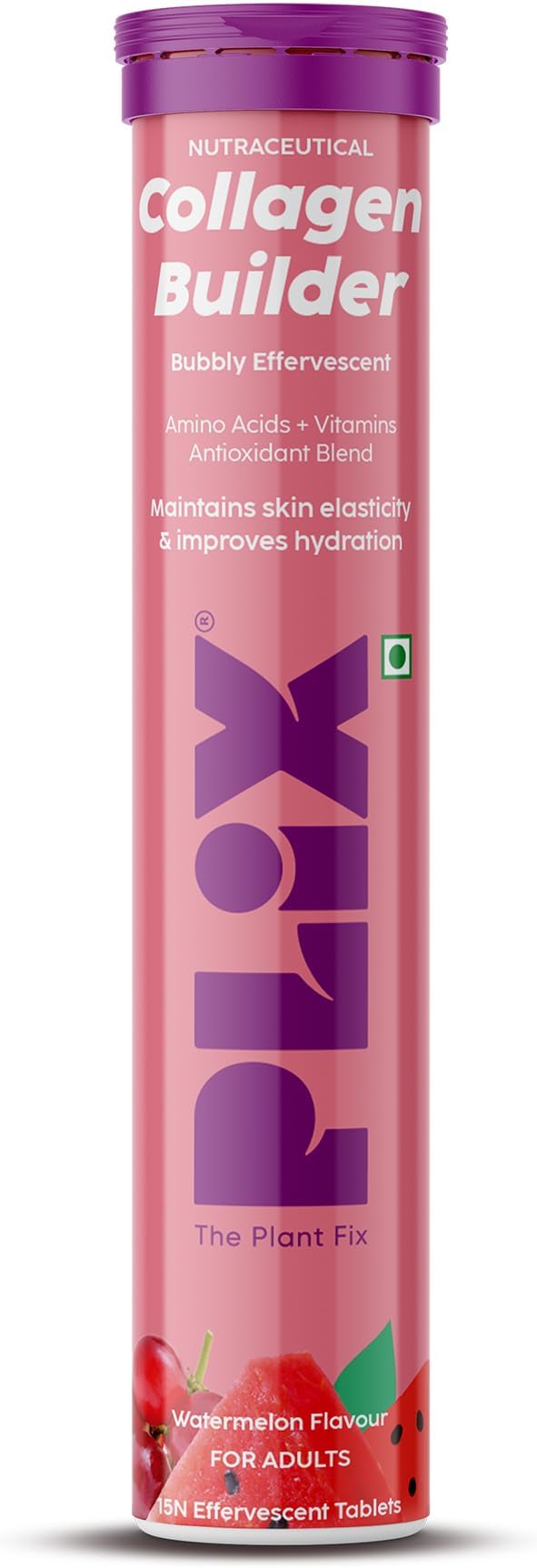 PLIX - THE PLANT FIX Collagen Builder Bubbly Effervescent - 15 Tablets (Watermelon) for Hydrated Skin & Anti-Aging | Amino Acid Blend For Collagen Production | Vitamin C & E | 100% Vegan