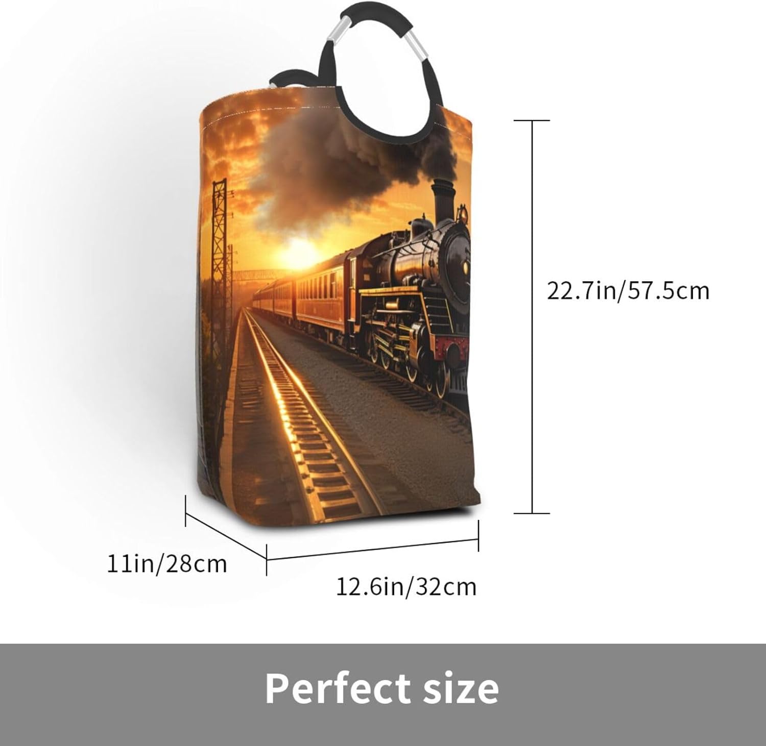 Steam Train Print Laundry Hamper With Handle, Large Laundry Bags Collapsible Dirty Clothes Basket For Bathroom